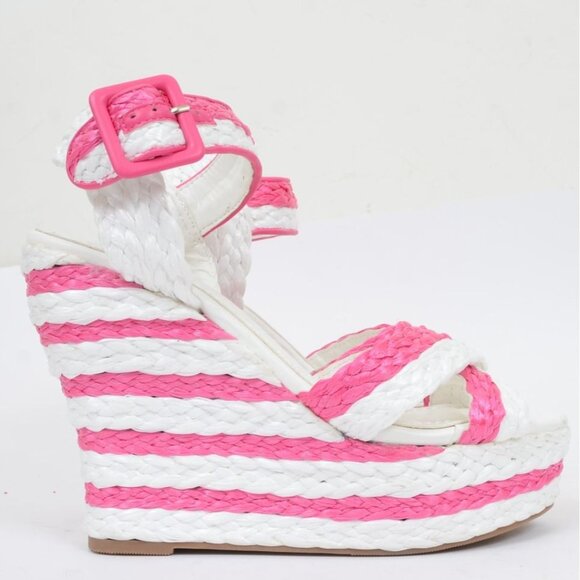 Venus Jess Women's 9 Hot Pink Stripe Platform Wedge Sandals Feminine Colorful - Picture 3 of 8